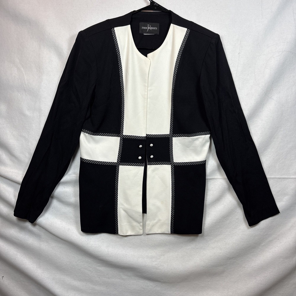 John‎ Roberts Black White Geometric Panel Collarless Blazer Jacket Women